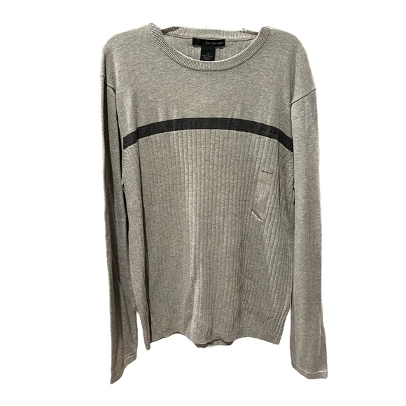 Calvin Klein Grey Long Sleeve Crew Neck Rib Knit Sweater With Dark Grey Stripe - Picture 1 of 7